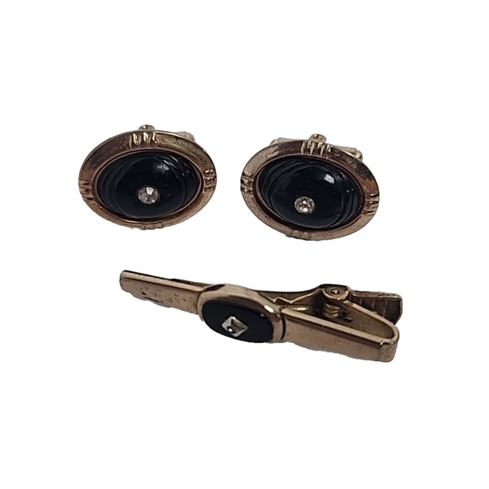 Vintage Anson Cufflinks Tie Clip Bar Set MCM Gold Tone Black Onyx Rhinestone USA